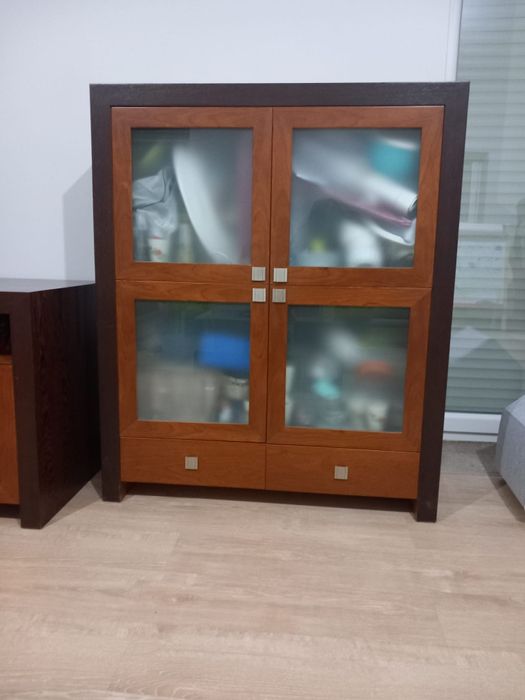 Mobília de sala completa em mogno e cerejeira com 3 sofás,2 em pele e