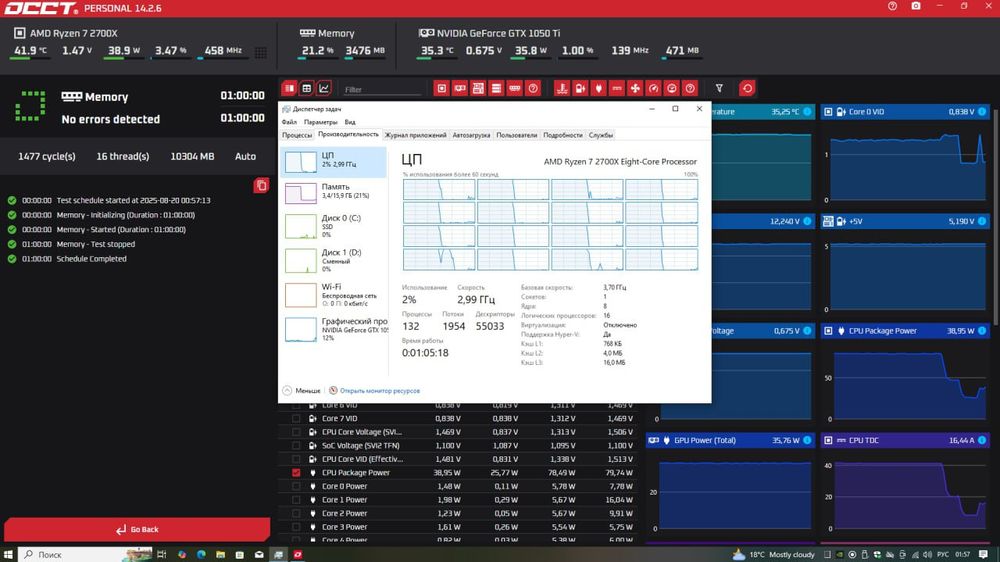 Компьютер: Aorus B450 Elite/RAM 16GB/Ryzen 7 2700X/1050Ti/AM4/BDF-600S