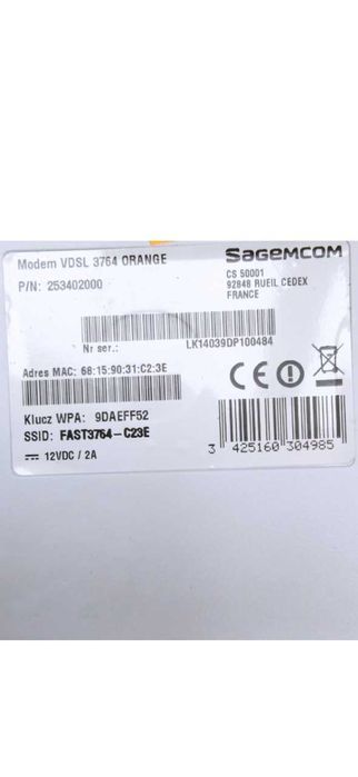 Modem Sagemcom VDSL 3764 ORANGE Access Point 802.11n (Wi-Fi 4)