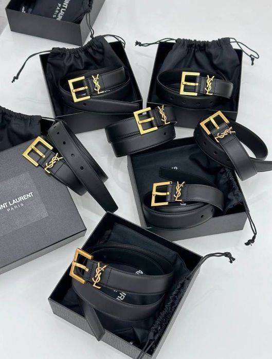 Nowy Skórzany Pasek Damski YSL czarny złoty Tanio