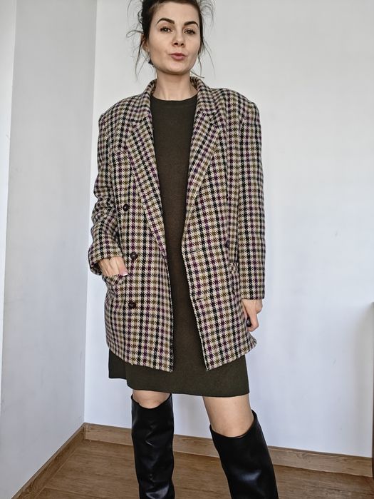 Płaszcz Australia lambswool wełniany jagnięca 38 pepitka krata klasycz