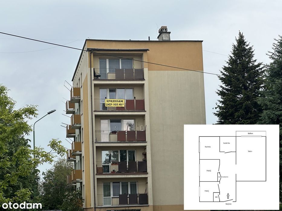 Mieszkanie 61,40 m2_3 pokoje_duży balkon_piwnica_3 piętro_do remontu
