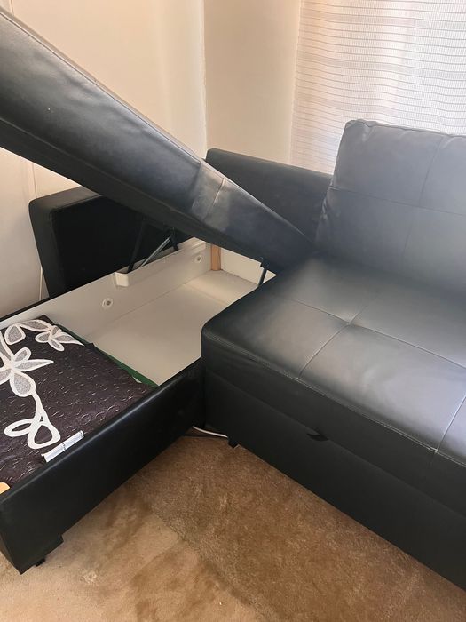 Sofá-cama 3lg c/chaise longue, pele/preto