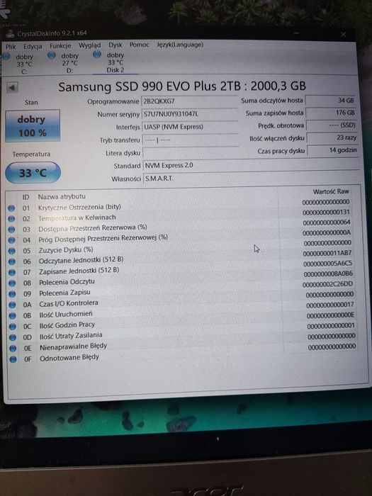 Dysk 2tb m2 samsung 990 evo plus gwarancja do 2030.09 przebieg 14h gen 5