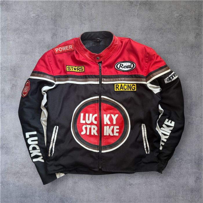 Vintage Lucky Strike Racing Motorcycle Jacket Leather Biker Y2K XXL Red Black