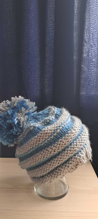 Czapka zimowa wełniana szaro-niebieska handmade