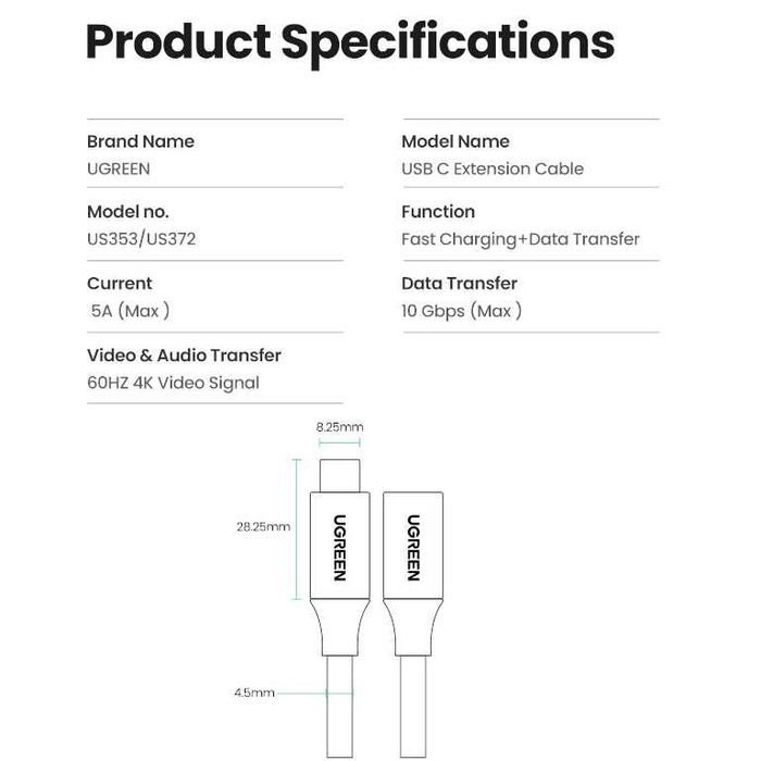 Кабель подовжувач папа-мама Type-C 3.1 удлинитель Тайп-С UGREEN 1м
