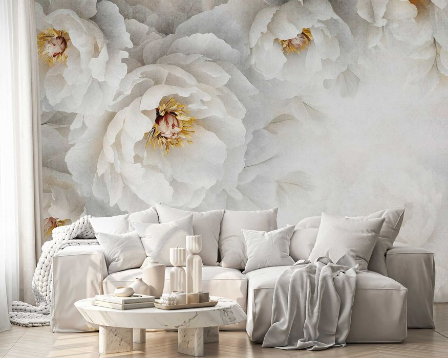 Fototapeta Biały Kwiat Porcelana Złoto Beż 3D Twój Rozmiar + KLEJ