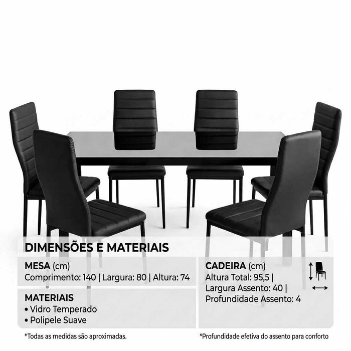 Mesa de jantar em vidro preto com 6 cadeiras/Nova - Entrega gratuita ao domicílio