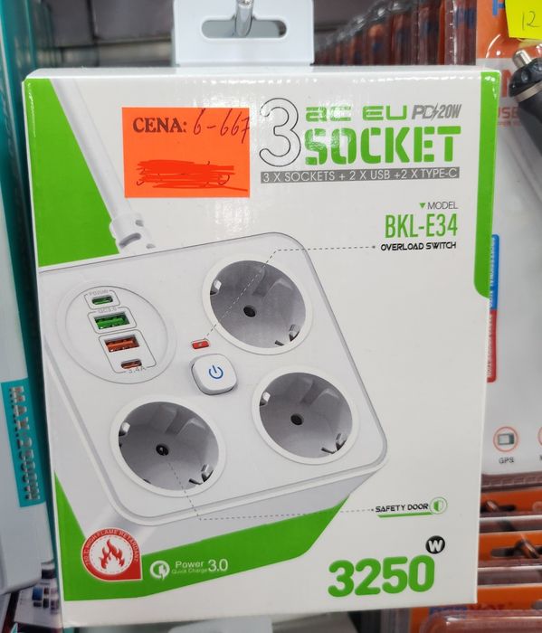 Przedłużacz Kostka Pionowy 3 Gniazda 2xUSB 2xType-C BKL-E34