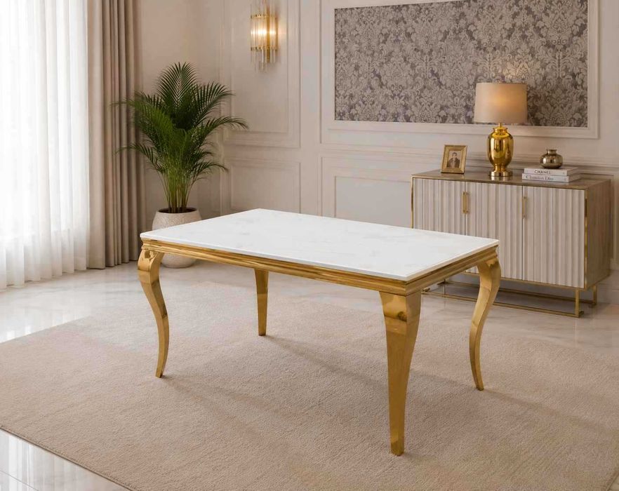 Stół Ludwik Glamour 160x90 cm – Złoto & Marmur