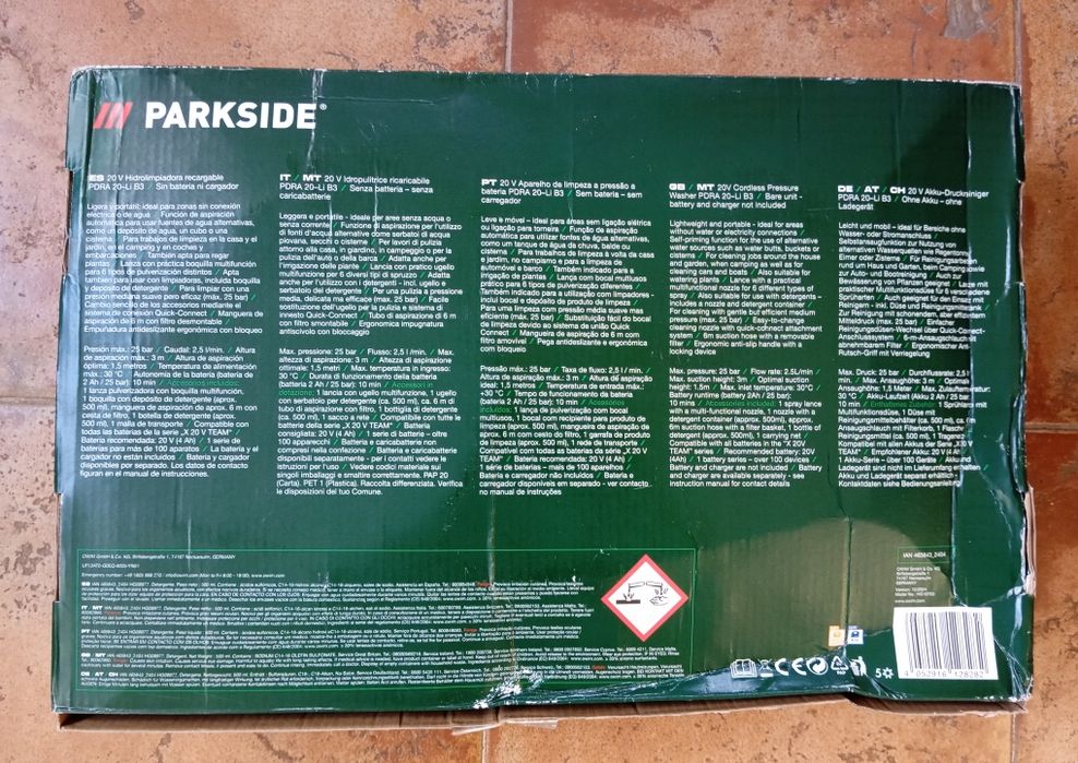 Aparelho de limpeza a pressão a bateria 20V Parkside