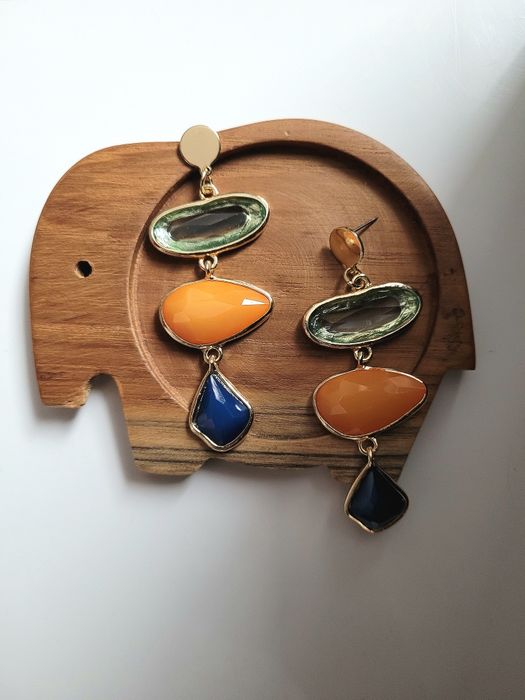 Duże kolorowe kamienie kolczyki etniczne słowiańskie kontrastowe