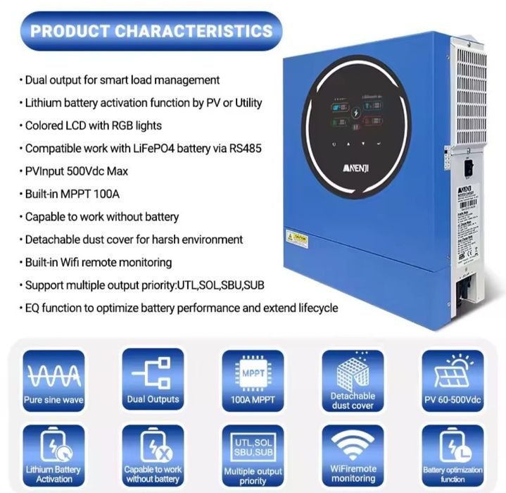 Гібридний інвертор Anenji 5 кВт 48 В