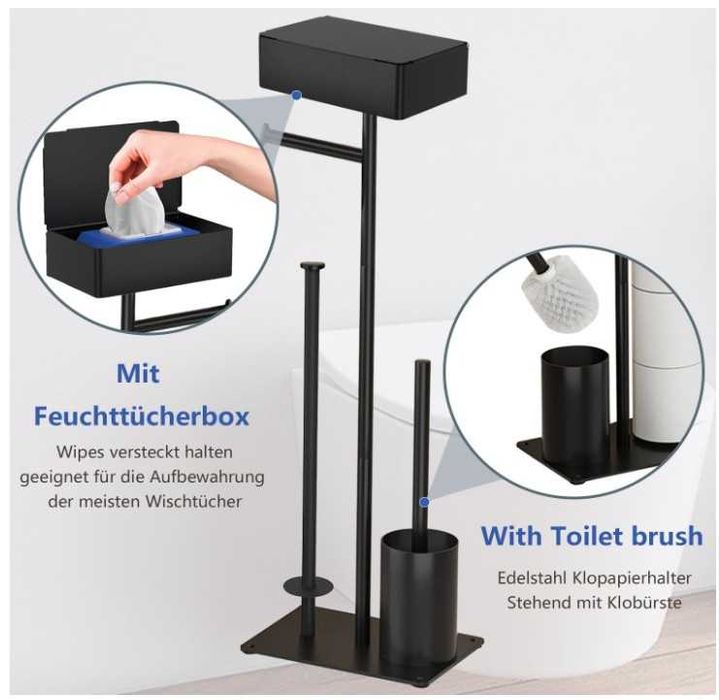 Stojak na papier toaletowy, stal nierdzewna, 4 w 1 + szczotka, czarny