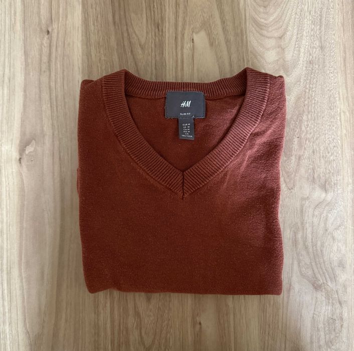 Sweter męski w serek Slim Fit M bawełniany bordowy H&M