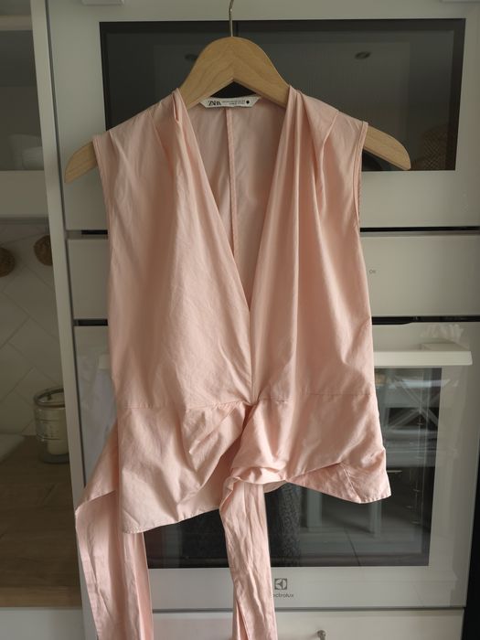 Bluzka bawełniana ZARA wiązana pudrowy róż elegancka