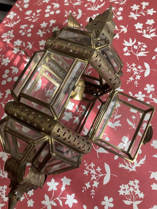 Lanterna decorativa antiga / luminária pendente – metal e vidro