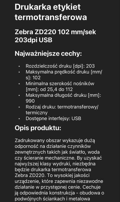 Drukarka zebra termotransferowa +2 nowe rolki kalki