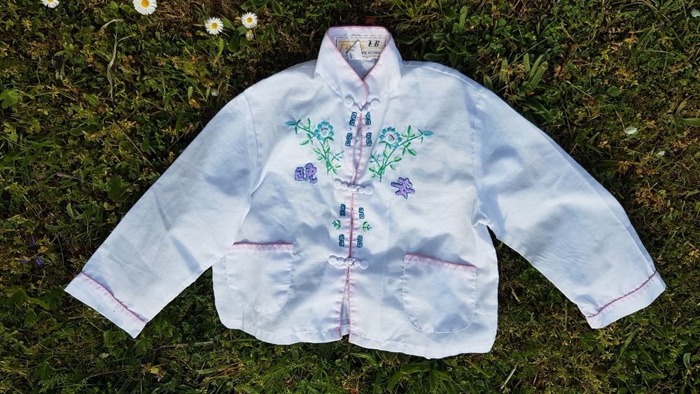 Koszula biała hafty kieszenie vintage kwiaty przewiewna dla dziecka