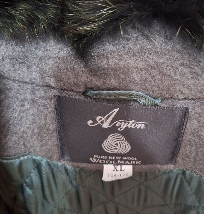 płaszcz wełniany Aryton Woolmark zielony z naturalnym futrem