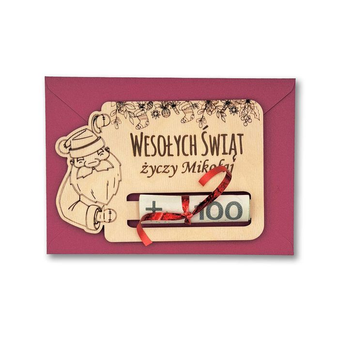 Kartka Świąteczna na Mikołaja z Drewna – Elegancki Prezent na Gotówkę!
