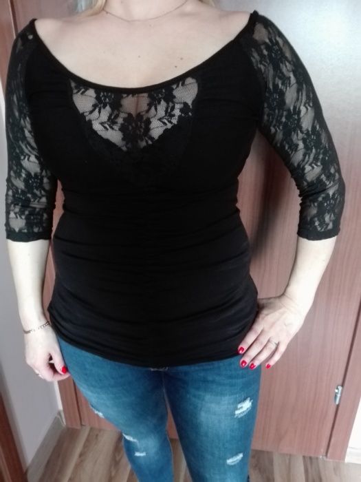 Piękna Czarna Bluzka Koronkowa M-L
