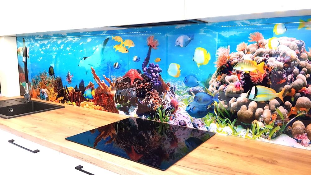 płytka  lacobel  panel szklany nadruk UV kuchnia