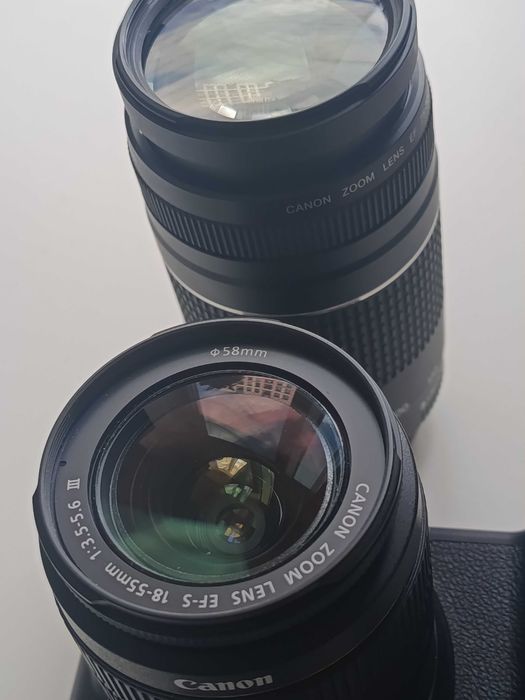 Canon 1300D + 18-55 mm + 75-300 mm.