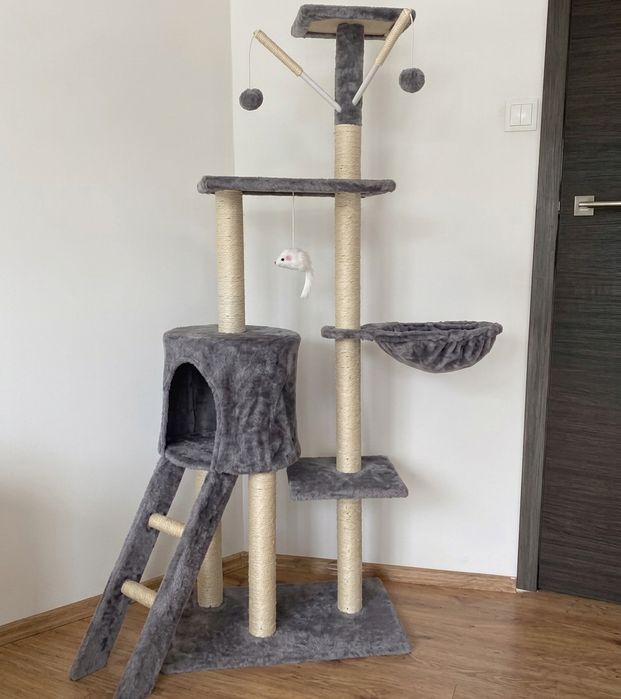 DRAPAK DLA KOTA Duży Wieża 139 cm Z Domkiem Legowiskiem Drabinką I Zabawkami Sznur Sizalowy 5 Poziomów