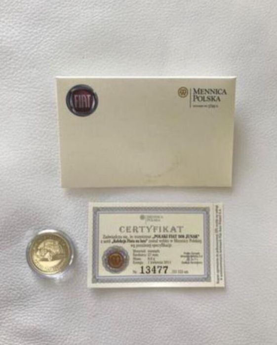 Moneta kolekcjonerska nowa Polski Fiat 508 Junak z certyfikatem