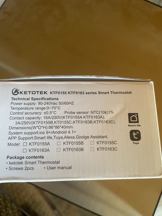 Термостат KETOTEK KTF0155A WiFi 16A для теплої підлоги Smart Life Tuya