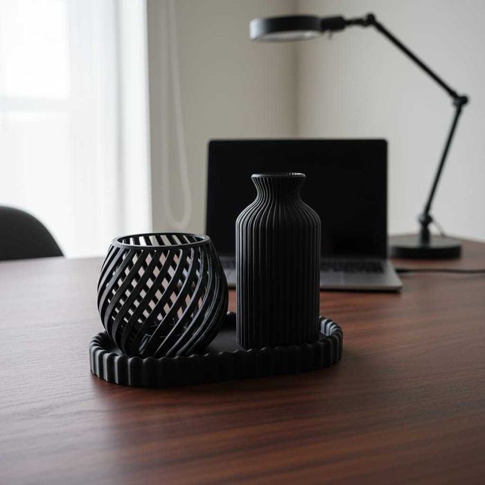 Conjunto decorativo preto em impressão 3D com acabamento premium