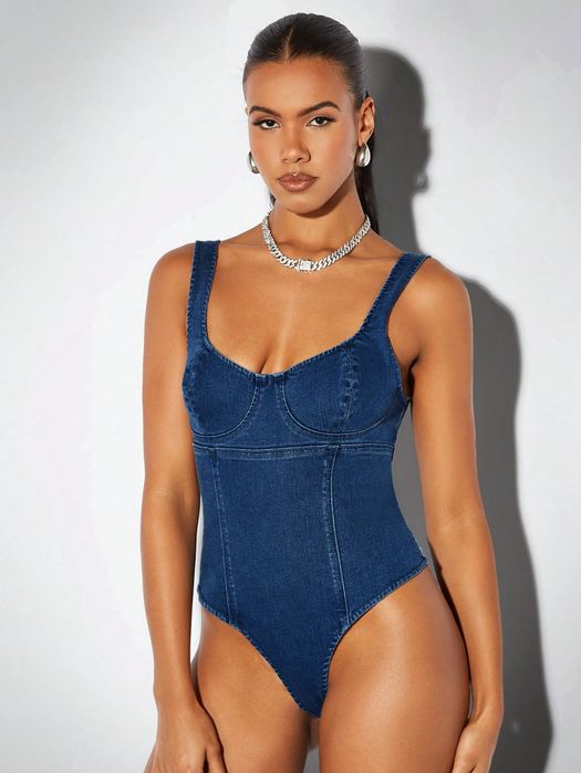 Body Jeansowe Dopasowane Z Dekoltem Serce Niebieskie Casual Shein Xs