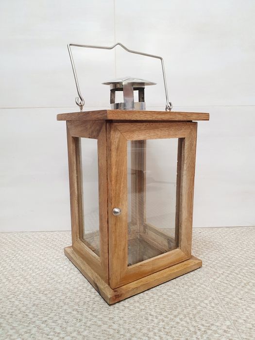 Ліхтар-свічник дерев'яний зі склом та металом, 27×19см