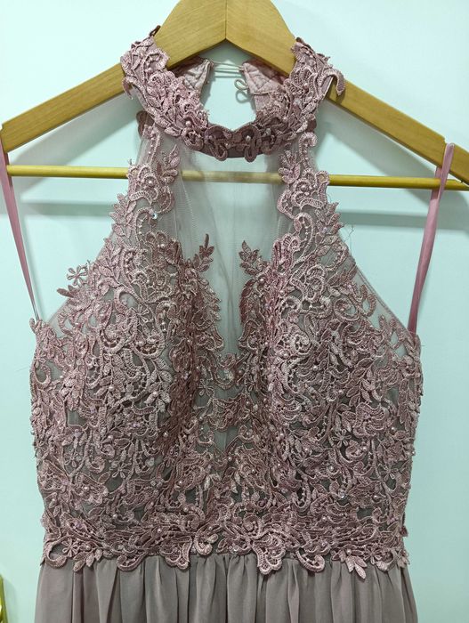 Vestido de cerimónia rosa velho – renda e tule – Tam. L