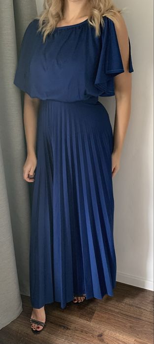 Kobaltowa sukienka maxi plisowana M 38 L 40