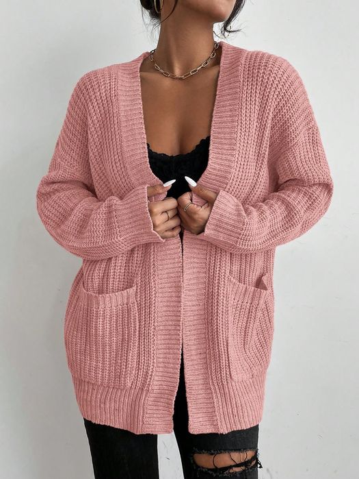 Kardigan Sweter Dzianinowy Bez Zapięcia Różowy Casual Shein S 36
