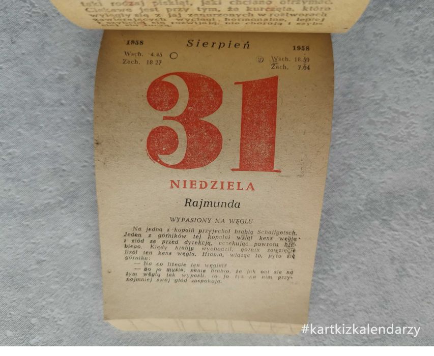 Kartka z kalendarza 1958 - oryginalna