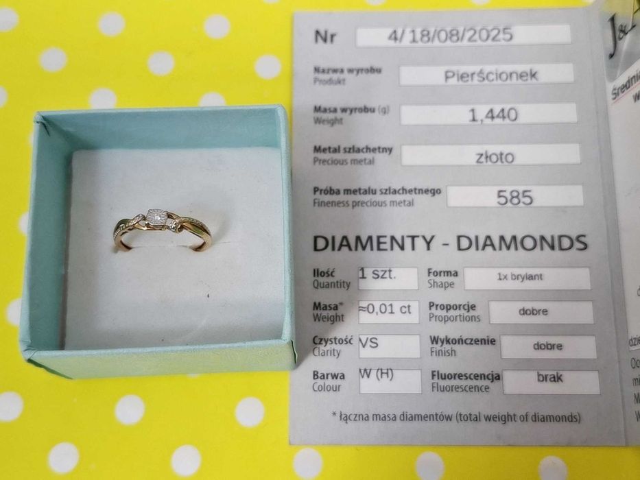 złote pierścionki 585 z diamentami certyfikat