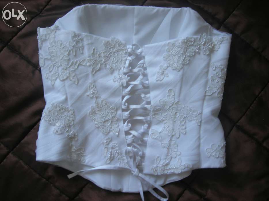 Biała UNIKATowa z trenem gorset falbany suknia ślubna r. 34/36