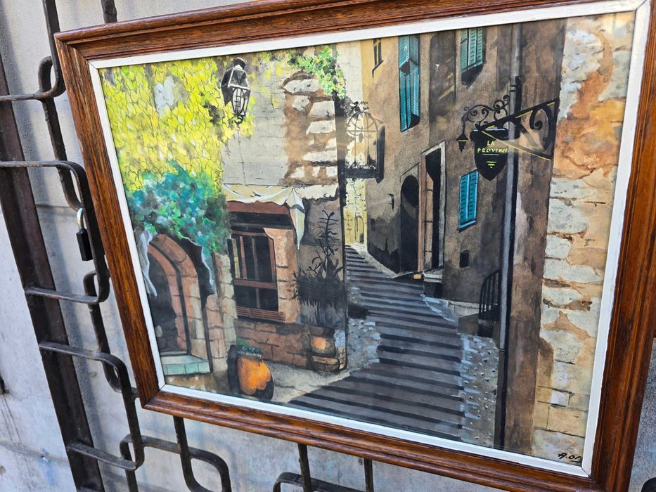 Stary obraz akwarela pejzaż miejski podpisany