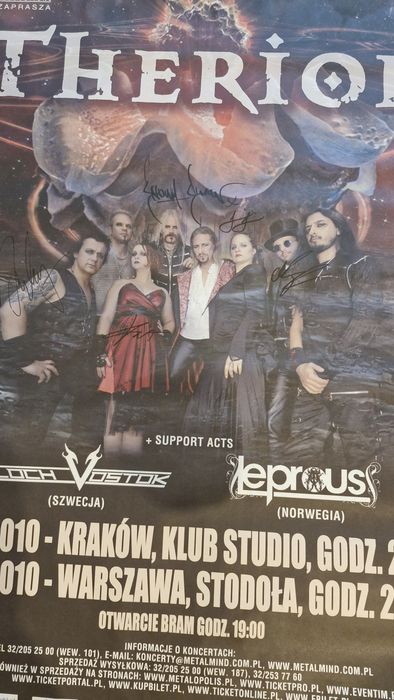THERION plakat z autografami zespołu.
