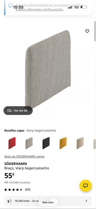 Sofá IKEA SÖDERHAMN com chaise longue/poisa pés – Excelente estado | USB C+A + Tomada Integrada