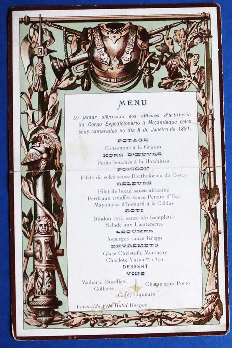 Corpo Expedicionário a Moçambique 1891 menu jantar Hotel Borges