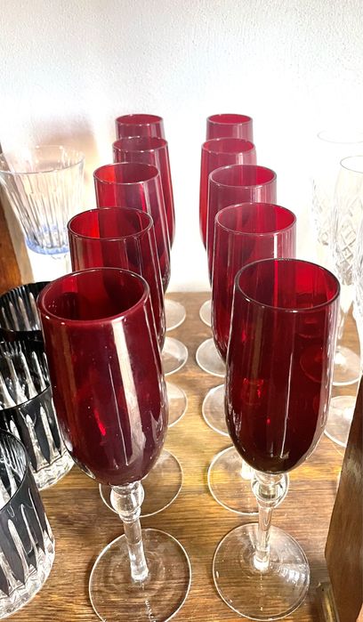 10 copos champanhe, cristal vermelho