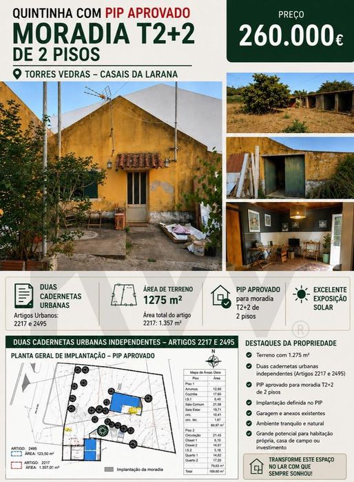Quintinha com Moradia T2+2 | lote 1.399 m2 | Torres Vedras PIP aprovad