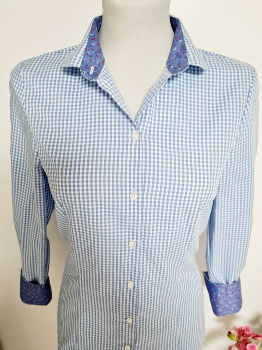 397. Elegancka koszula damska z kołnierzykiem w kratkę S 36