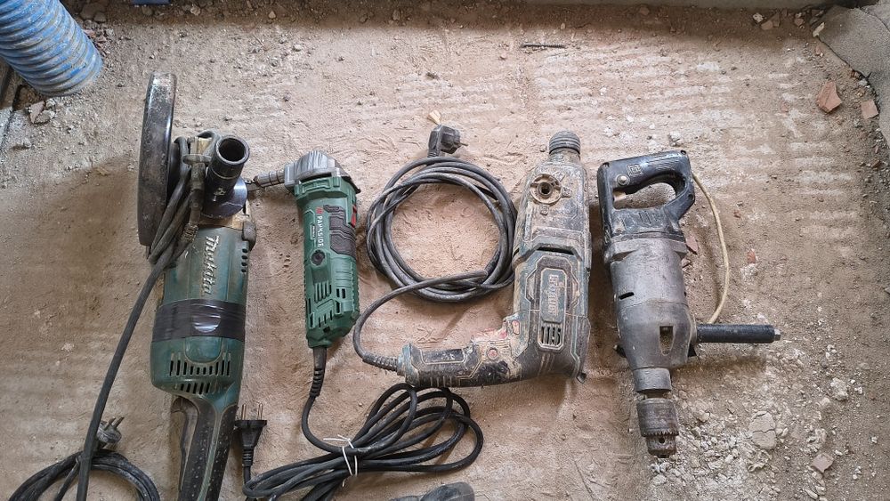 Zestaw elektronarzędzi: Makita, Parkside, Erbauer, Handy i Celma.