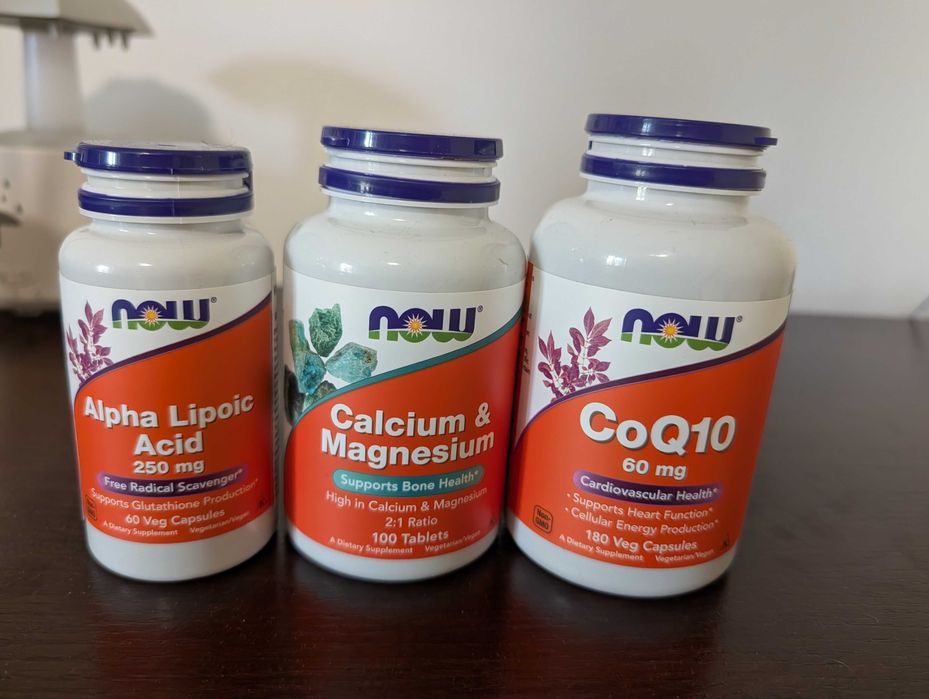 Zestaw suplementów NOW Foods: CoQ10, Kwas Alfa-Liponowy, Wapń i Magnez